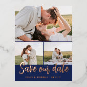 Navy Script 3 Foto's Bruiloft Save Our Date Folie Uitnodiging Briefkaart (Voorkant)