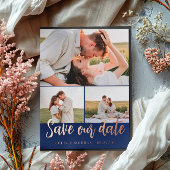 Navy Script 3 Foto's Bruiloft Save Our Date Folie Uitnodiging Briefkaart