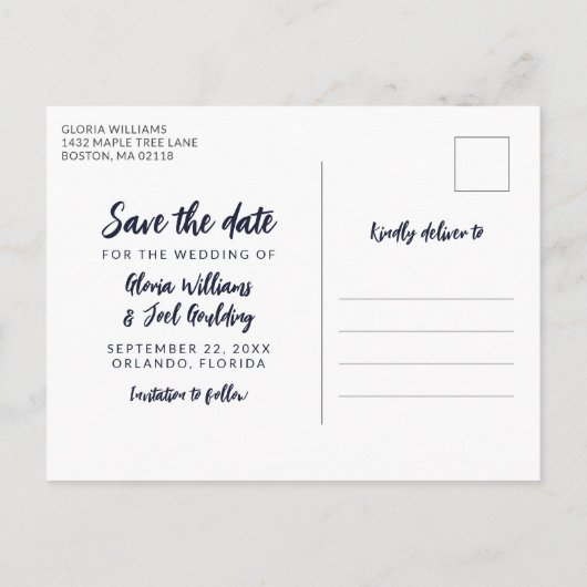 Navy Script 4 Foto's Weddenschap bewaren onze datu Aankondigingskaart (Achterkant)