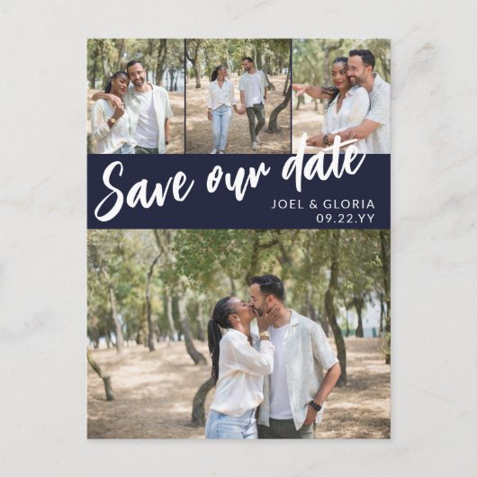 Navy Script 4 Foto's Weddenschap bewaren onze datu Aankondigingskaart (Voorkant)
