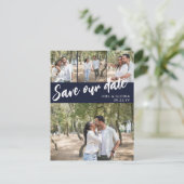 Navy Script 4 Foto's Weddenschap bewaren onze datu Aankondigingskaart (Staand voorkant)