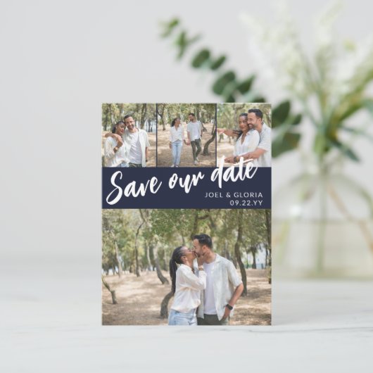 Navy Script 4 Foto's Weddenschap bewaren onze datu Aankondigingskaart (Staand voorkant)