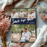 Navy Script 4 Foto's Weddenschap bewaren onze datu Aankondigingskaart<br><div class="desc">Het huwelijk bewaart het datumbriefkaart u met vier van uw eigen foto's kunt personaliseren,  drie kleiner en één groter. Sparen onze datum wordt diagonaal over het briefkaart in een wit manuscript tegen een marine blauwe achtergrond geschreven. Voeg uw namen en trouwdatum in een schone doopvont toe.</div>