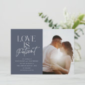Navy Script Love Wedding Photo Change Aankondiging (Staand voorkant)
