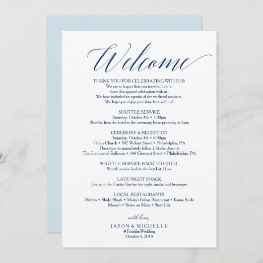 Navy Script Trouwroute Welkomstbrief Programmakaart (Voorkant / Achterkant)