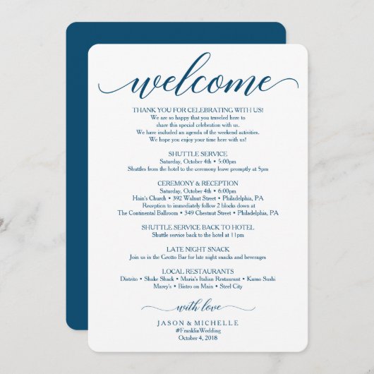 Navy Script Wedding Itinerary - Weddenschap Kaart (Voorkant / Achterkant)
