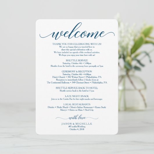 Navy Script Wedding Itinerary - Weddenschap Kaart (Staand voorkant)