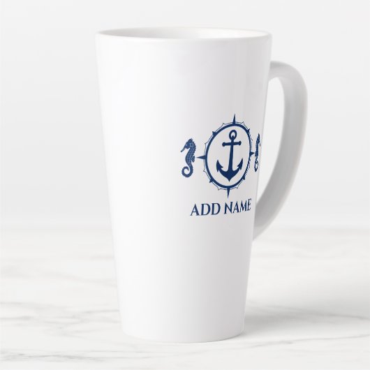 Navy Seahorse & Anchor Jouw naam 2 zijdig groot Latte Mok (Rechterhoek)