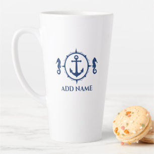Navy Seahorse & Anchor Jouw naam 2 zijdig groot Latte Mok