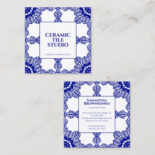 Navy Seamless Mosaic Tile Pattern Ornament Vierkante Visitekaartje (Voorkant / Achterkant)