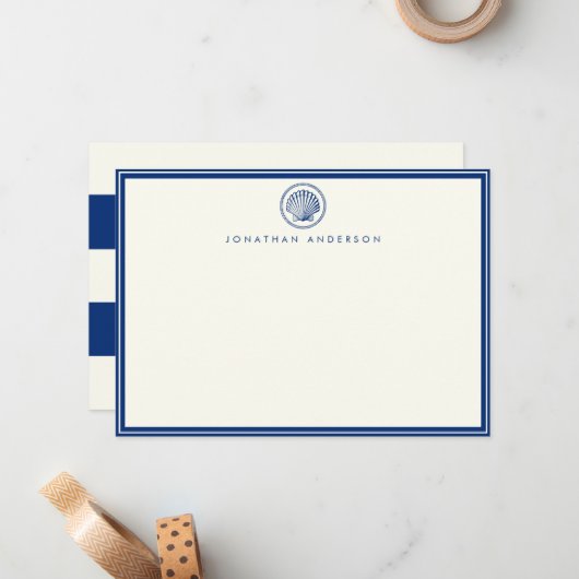 Navy Seashell Flat Correspondence Note Kaart Notitiekaartje (Voorkant / Achterkant in situ)