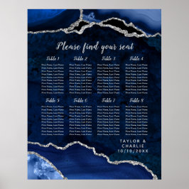 Navy Silver Agate Wedding 8 Tables Seating Chart Poster