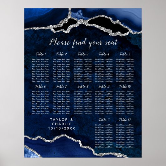 Navy Silver Agate Wedding Seating Chart 12 Table Poster (Voorkant)