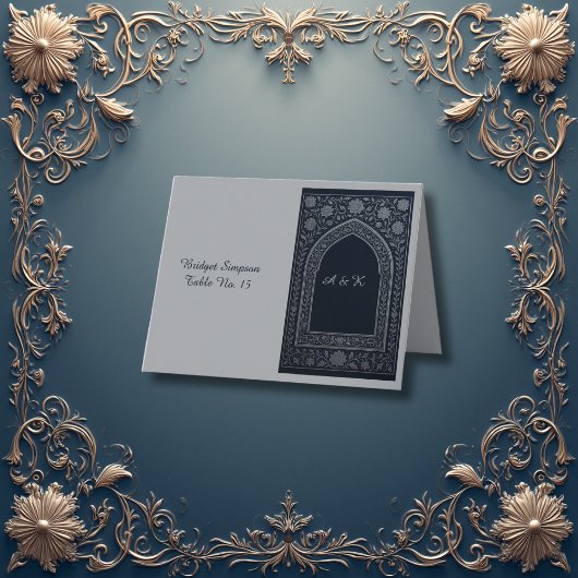 navy silver Arabic arch Wedding  guest card Bedankkaart