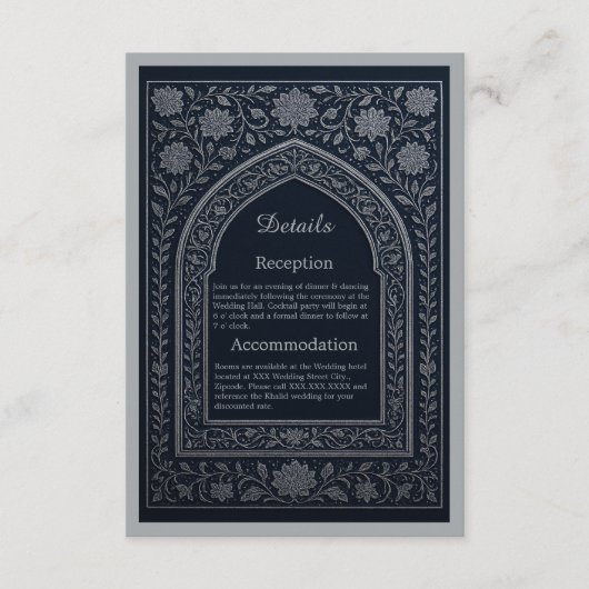 navy silver Arabic arch Wedding Informatiekaartje (Voorkant)