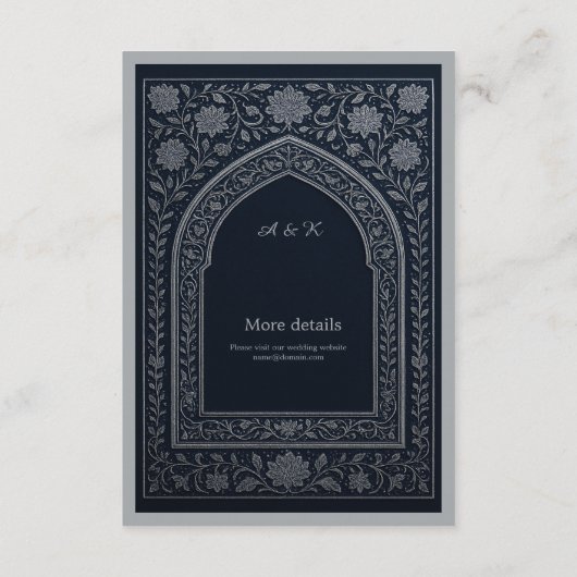 navy silver Arabic arch Wedding Informatiekaartje (Achterkant)