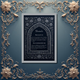 navy silver Arabic arch Wedding Informatiekaartje