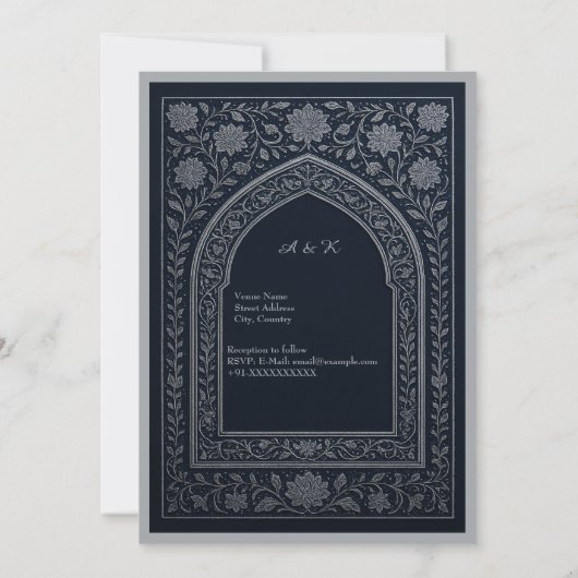 navy silver Arabic arch Wedding Kaart (Achterkant)