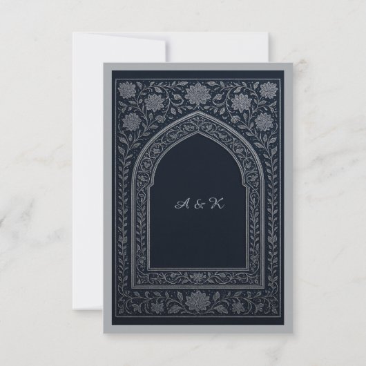 navy silver Arabic arch Wedding RSVP Kaartje (Achterkant)