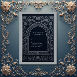 navy silver Arabic arch Wedding RSVP Kaartje