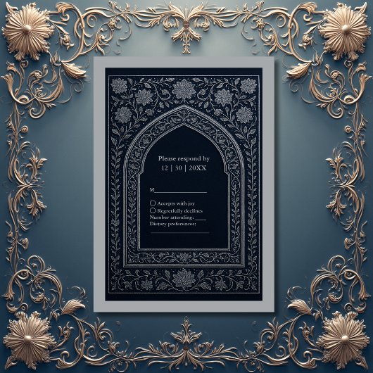 navy silver Arabic arch Wedding RSVP Kaartje