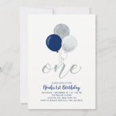 Navy & Silver Balloons One 1st Boy Birthday Party Kaart (Voorkant)