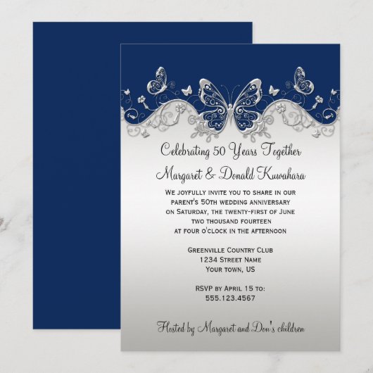 Navy Silver Butterflies 25e Jubileum Kaart (Voorkant / Achterkant)