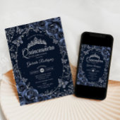Navy Silver Butterflies Roses Quinceanera Kaart