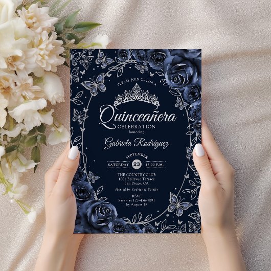 Navy Silver Butterflies Roses Quinceanera Kaart