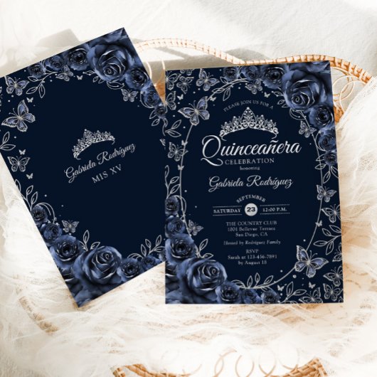 Navy Silver Butterflies Roses Quinceanera Kaart