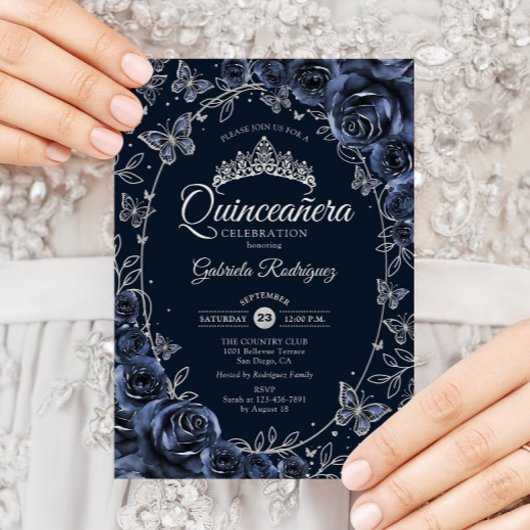 Navy Silver Butterflies Roses Quinceanera Kaart