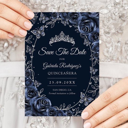 Navy Silver Butterflies Roses Quinceanera Save The Date