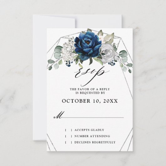 Navy Silver Champagne Ivory Geometric Wedding RSVP Kaartje (Voorkant)