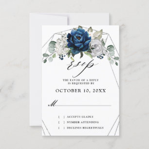 Navy Silver Champagne Ivory Geometric Wedding RSVP Kaartje