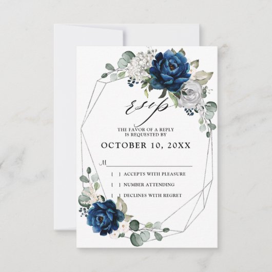 Navy Silver Champagne Ivory Geometric Wedding RSVP Kaartje (Voorkant)
