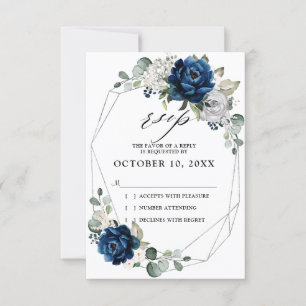 Navy Silver Champagne Ivory Geometric Wedding RSVP Kaartje