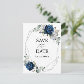 Navy Silver Champagne Ivory Roos Save the Date Briefkaart (Staand voorkant)