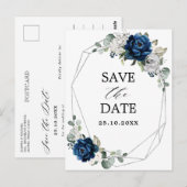 Navy Silver Champagne Ivory Roos Save the Date Briefkaart (Voorkant / Achterkant)