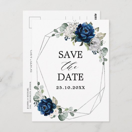 Navy Silver Champagne Ivory Roos Save the Date Briefkaart (Voorkant / Achterkant)