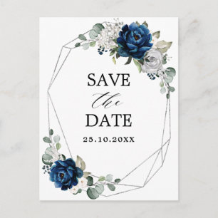 Navy Silver Champagne Ivory Roos Save the Date Briefkaart