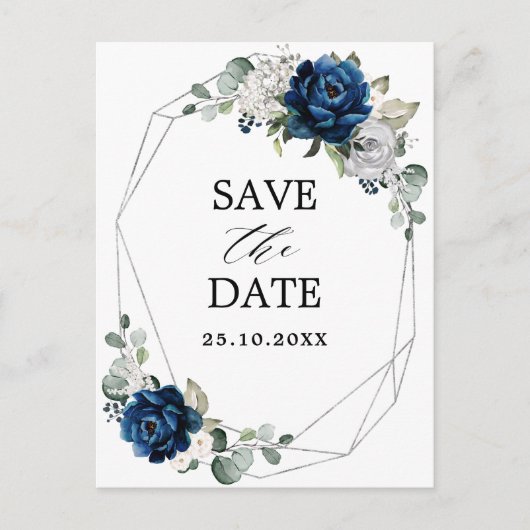 Navy Silver Champagne Ivory Roos Save the Date Briefkaart (Voorkant)