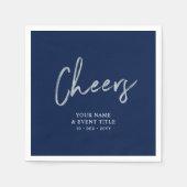 Navy Silver Cheers Borstel Script Party Feesten Servet (Voorkant)