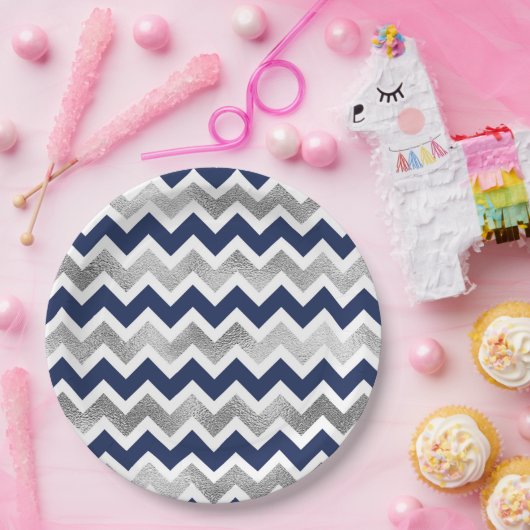 Navy Silver Chevron baby shower decor Papieren Bordje (Feest)