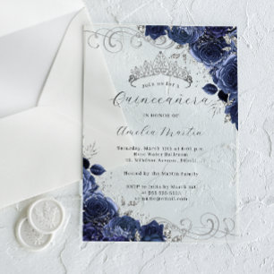 Navy Silver Clear Acryl Bloemen Quinceanera Acryl Uitnodigingen