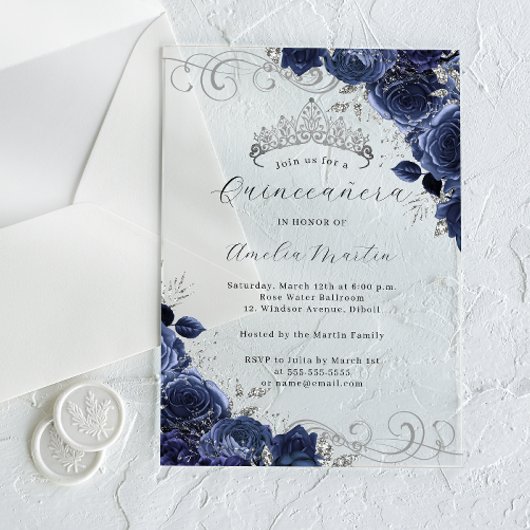 Navy Silver Clear Acryl Bloemen Quinceanera Acryl Uitnodigingen