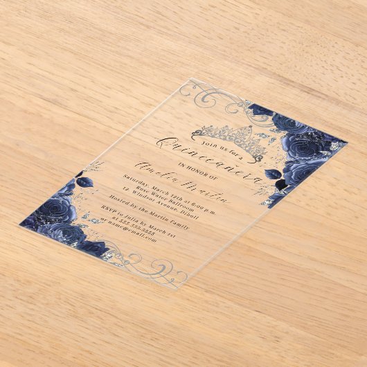 Navy Silver Clear Acryl Bloemen Quinceanera Acryl Uitnodigingen (Laagn)