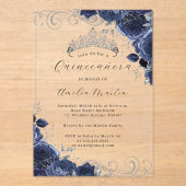 Navy Silver Clear Acryl Bloemen Quinceanera Acryl Uitnodigingen (Voorkant)