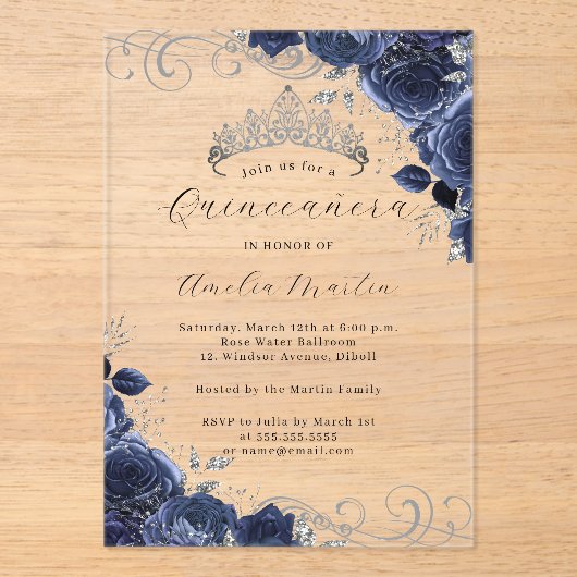 Navy Silver Clear Acryl Bloemen Quinceanera Acryl Uitnodigingen (Voorkant)