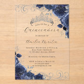 Navy Silver Clear Acryl Bloemen Quinceanera Uitnodigingen (Voorkant)