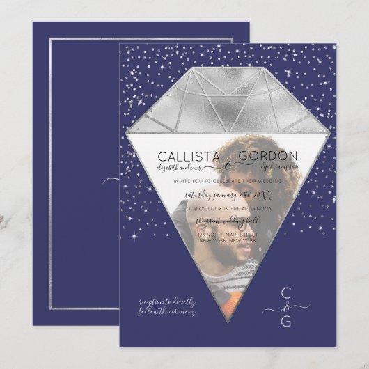 Navy Silver Diamond Confetti Glitter Fotobruiloft Kaart (Voorkant / Achterkant)